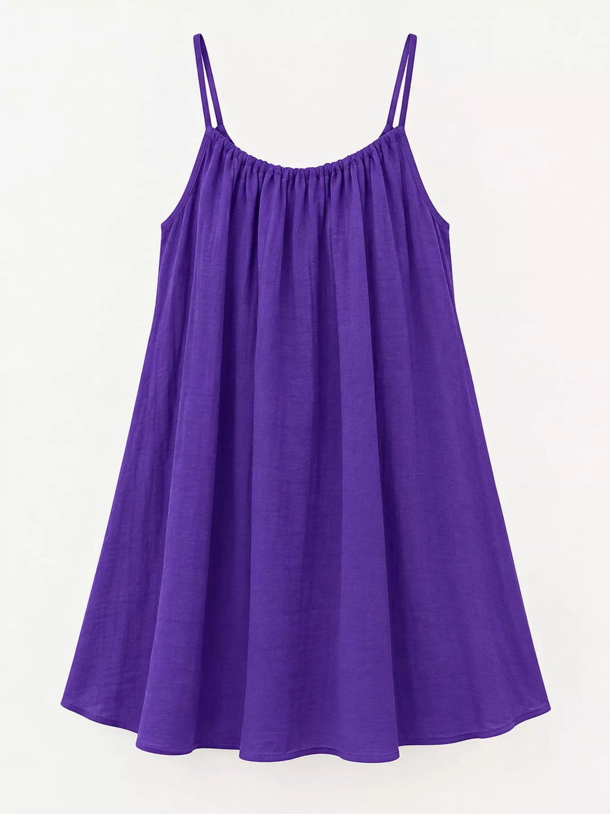 Purple backless mini dress with spaghetti straps and gathered neckline, swing silhouette