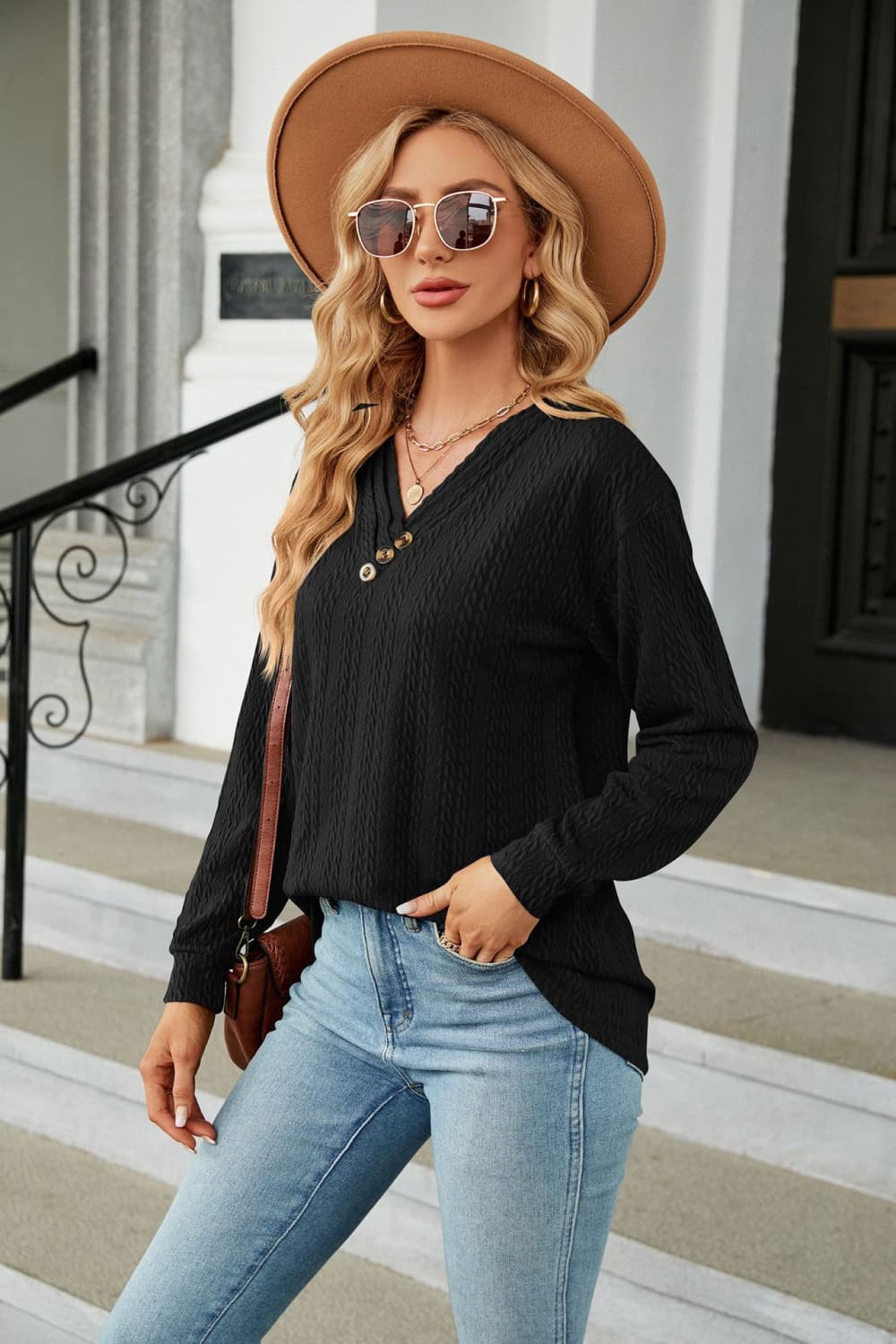 Cedar & Moore Decorative Button V-Neck Long Sleeve T-Shirt, black textured knit.