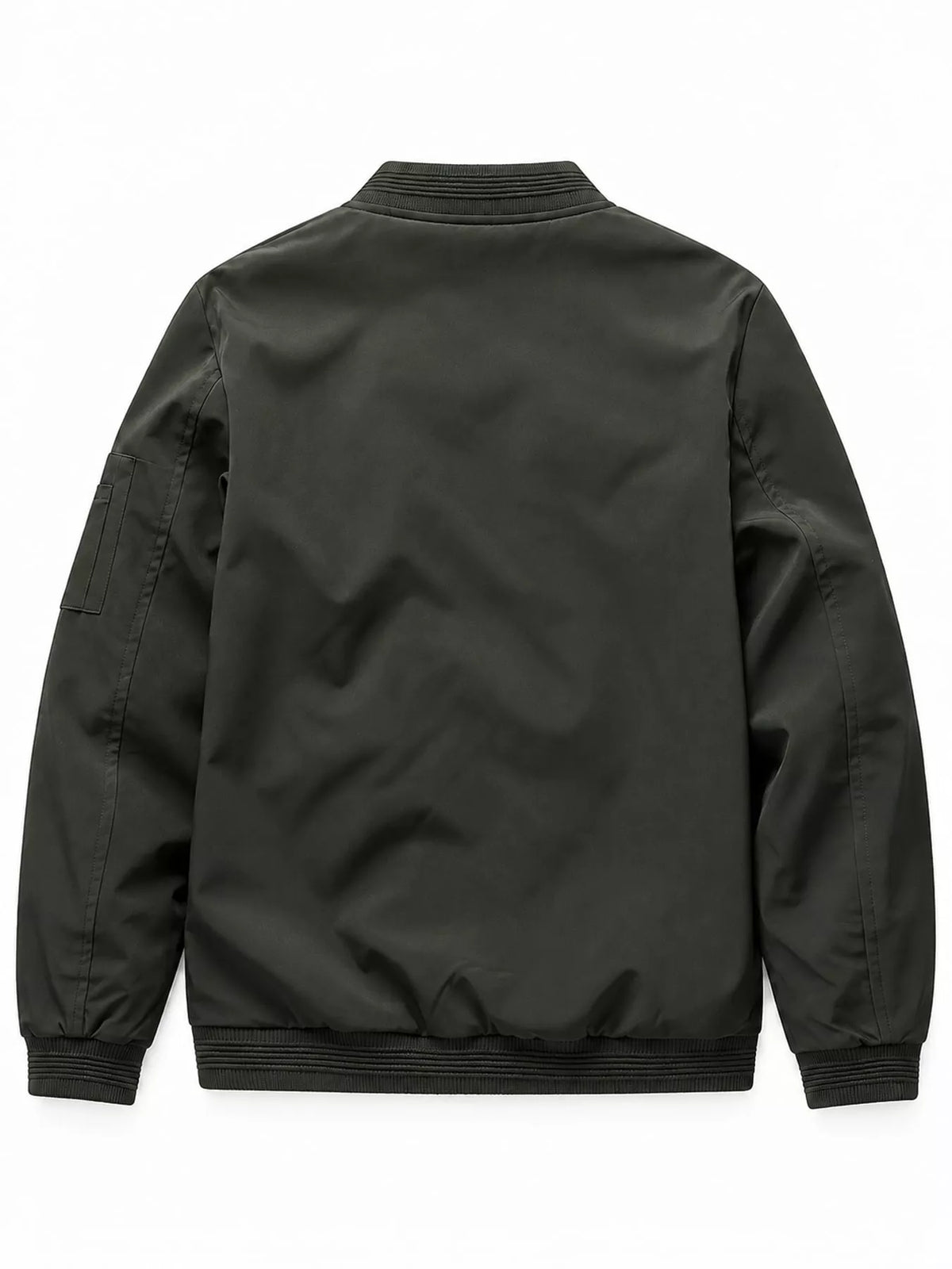 Lightweight men’s bomber jacket in olive green, back view with ribbed collar and cuffs
