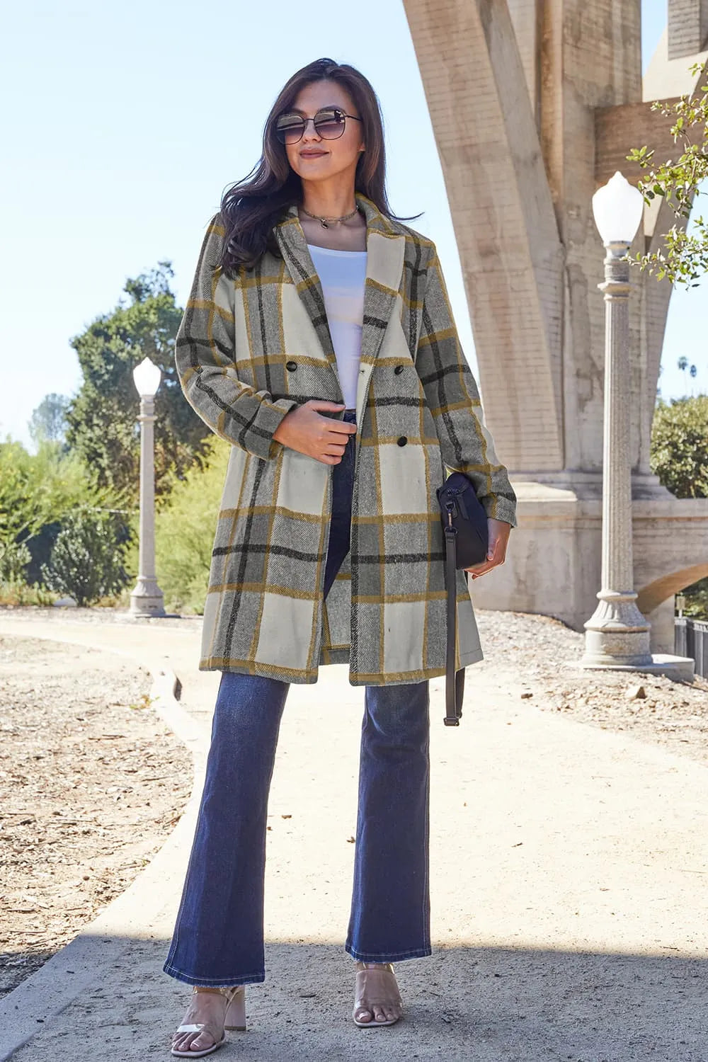 Plaid button-up lapel coat in olive, gold, and gray, front view, long sleeves.