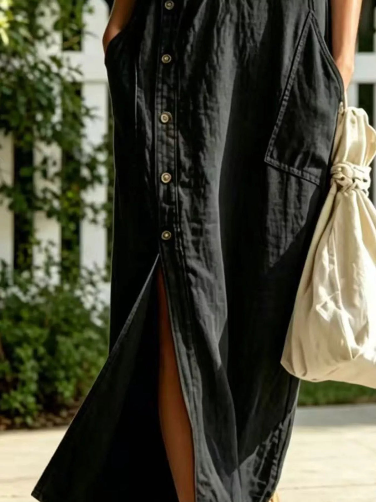 Hooded zip-front sleeveless cotton dress, black, long side slit and patch pocket