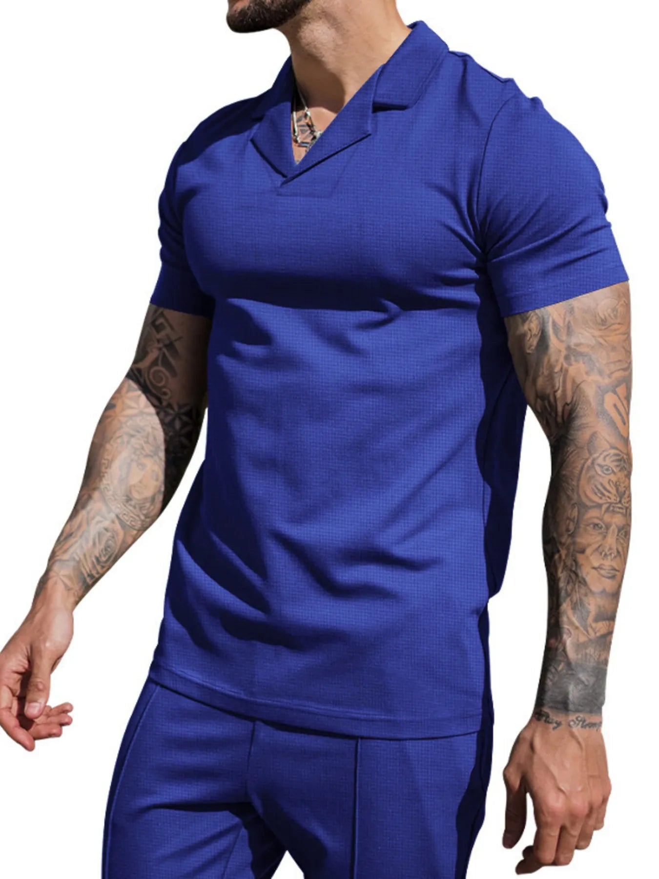 Men's plus size short-sleeve top and shorts set, royal blue polo and matching shorts