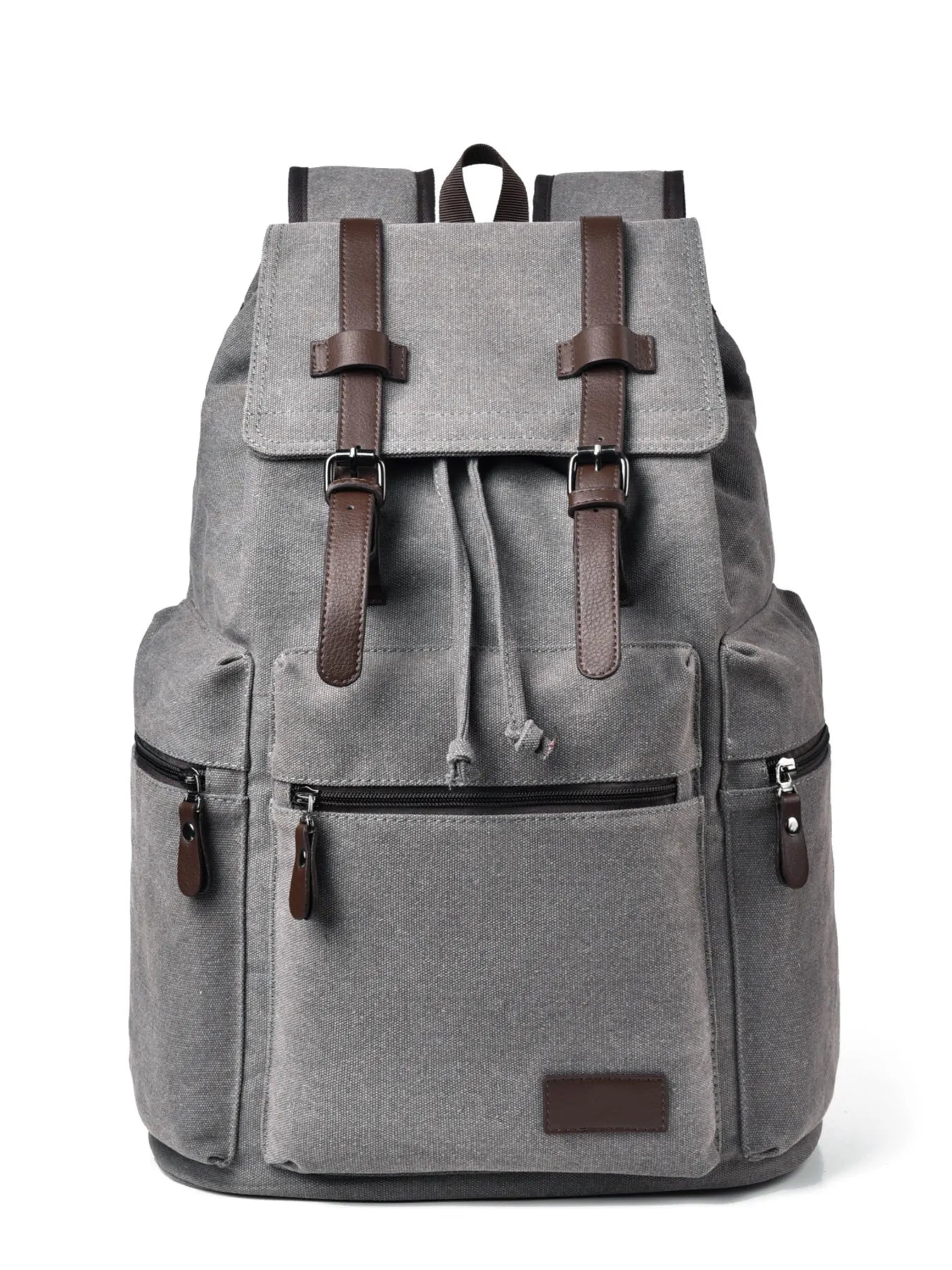 Gray canvas backpack bag with front flap, buckle straps, front zip pocket, and side zips