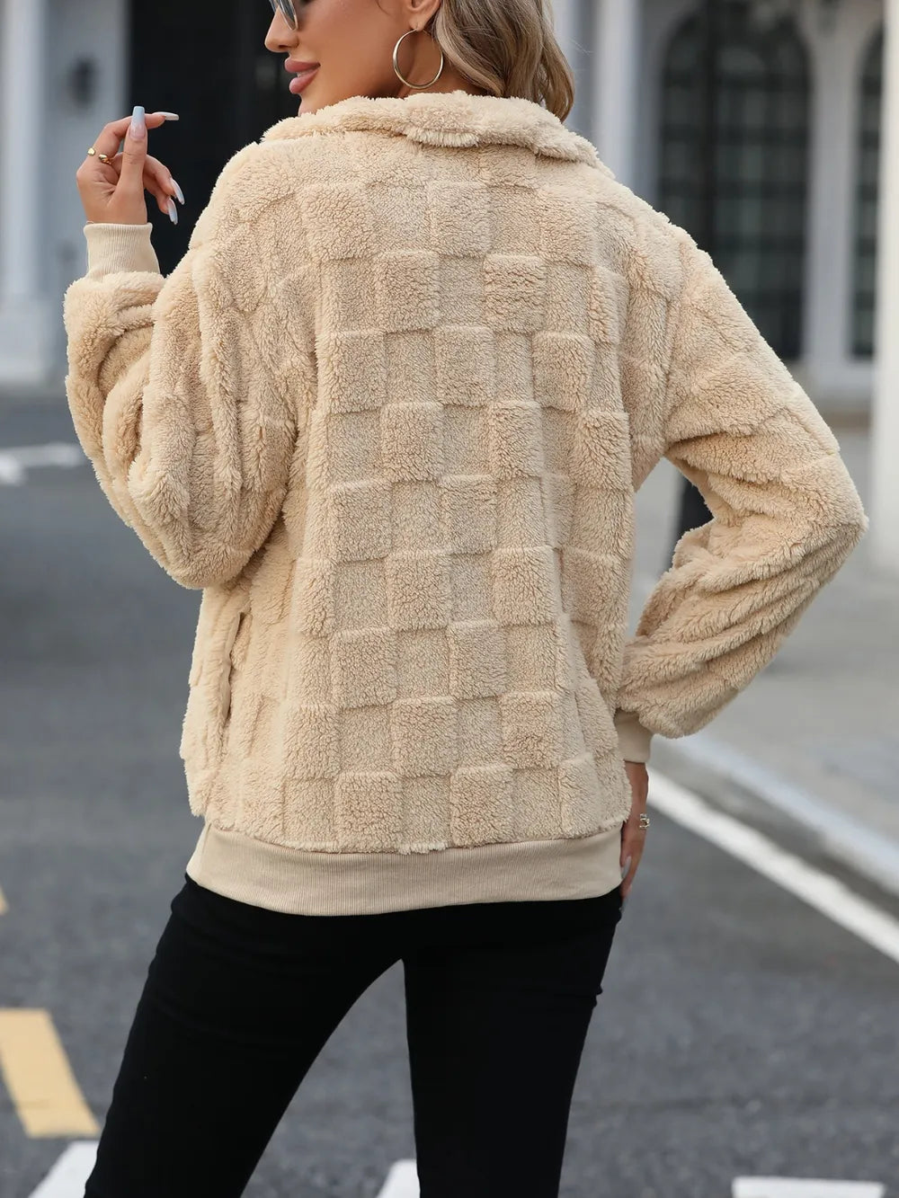 Tan fuzzy quarter-zip sweatshirt, check-textured fleece, back view with sleeves.