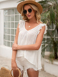 White ruffled V-neck tie-back blouse with cap sleeves