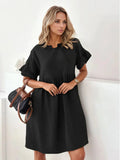 Round Neck Short Sleeve Mini Dress in black with a relaxed silhouette