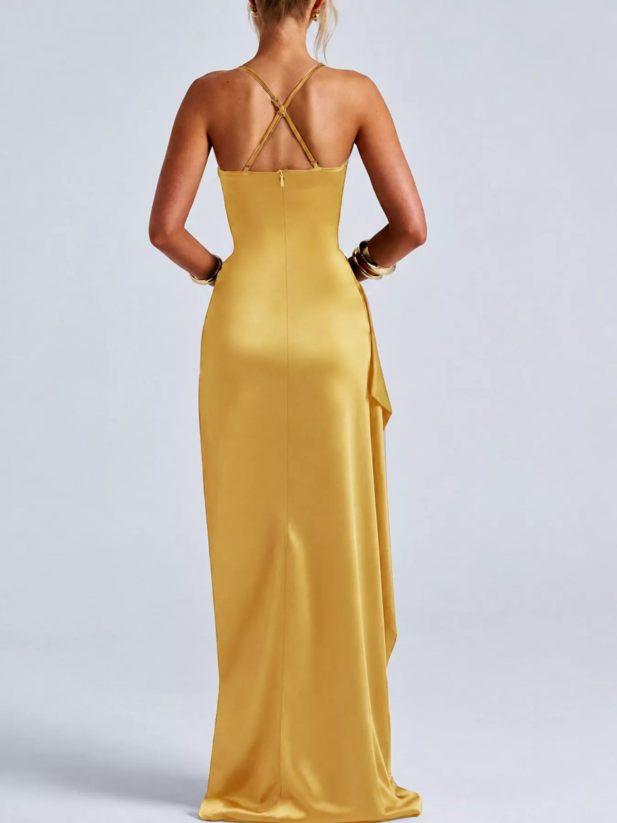 Ruched satin maxi dress with crisscross back straps and high side slit, gold