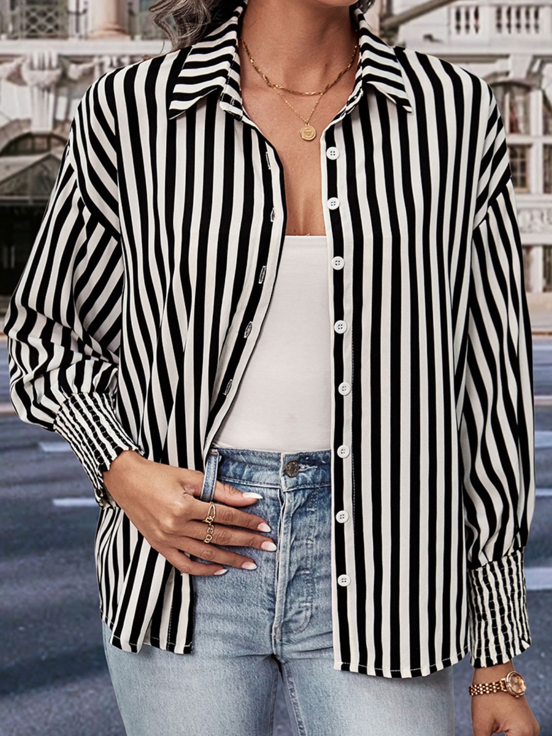 Perfee striped button-up shirt with open collar and dropped shoulders, black/white
