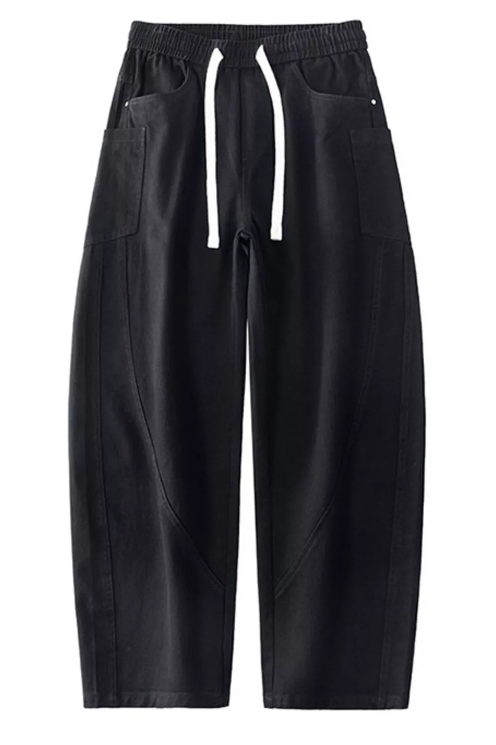 Men's black cotton jeans with drawstring waist and patch pockets