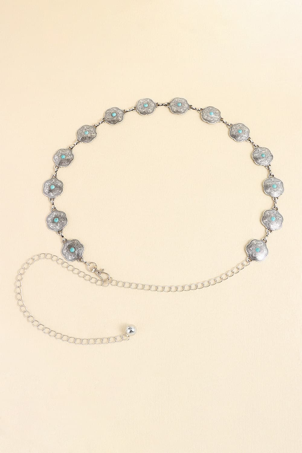 Vintage turquoise alloy belt with oval turquoise inlay links and silver chain extender