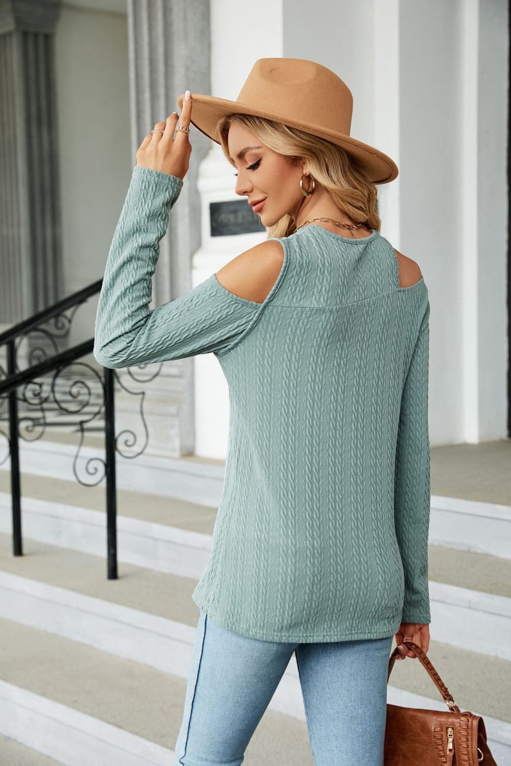Sage green cold-shoulder long-sleeve blouse in textured knit, back shoulder cutouts
