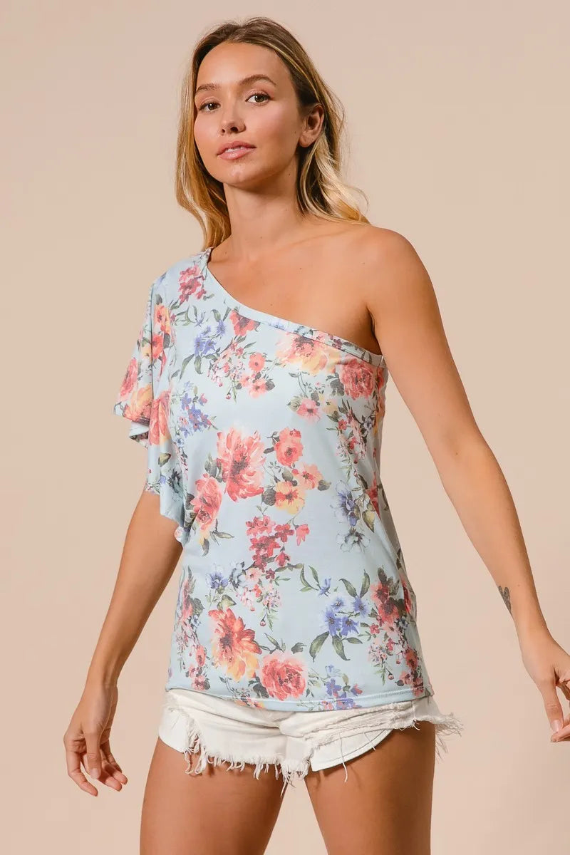Light blue floral jersey top with one-shoulder cut and short ruffle sleeve