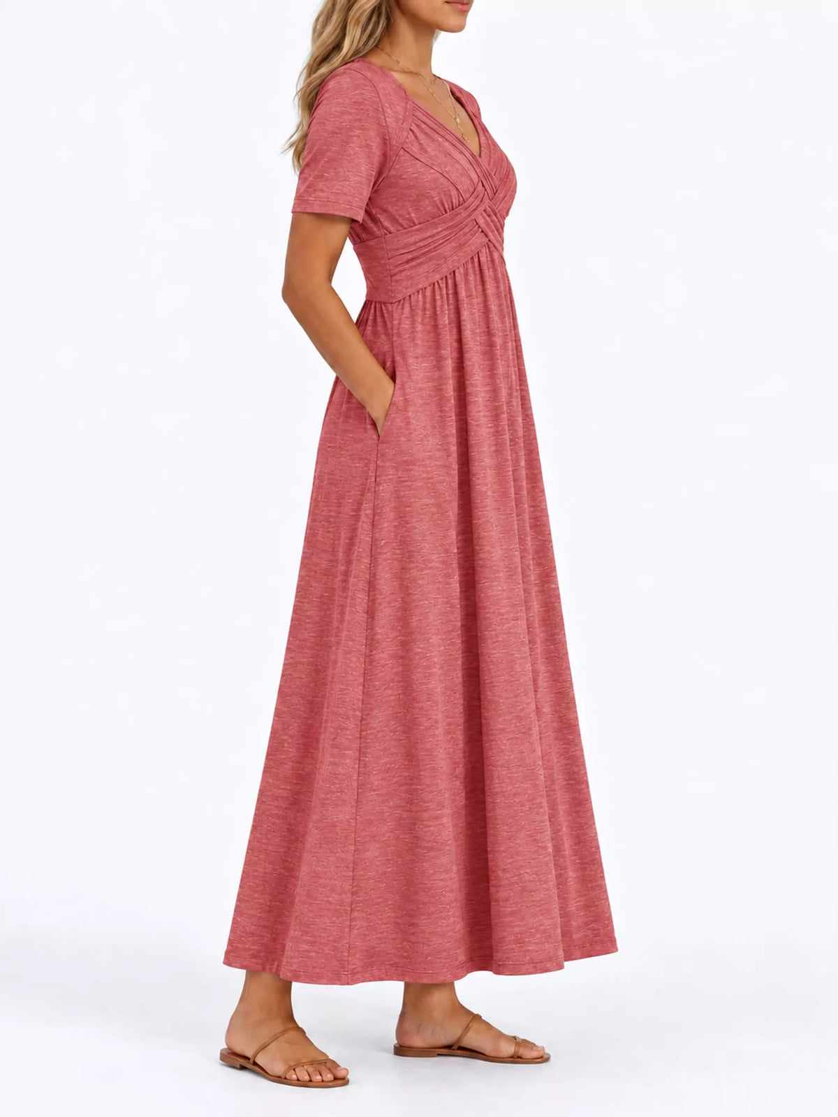 Watermelon red high-waist midi dress with crisscross V-neck and short sleeves, side view
