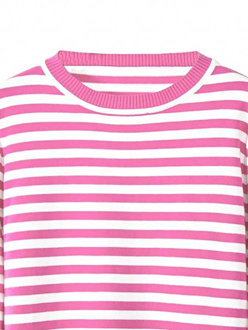 Striped long-sleeve sweater with round neck, pink and white horizontal stripes.
