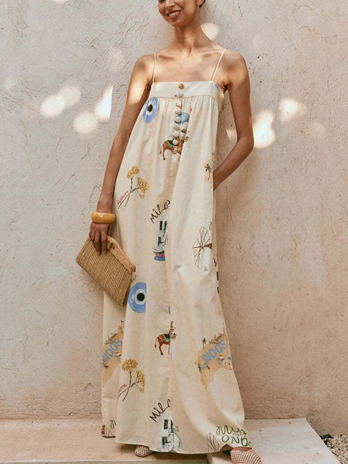 Beige boho cami maxi dress with pockets, thin straps, gathered bodice, illustrated print