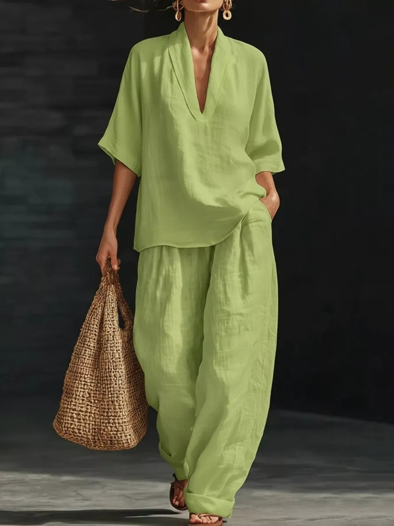 Light green half-sleeve V-neck loose top and matching relaxed pants set