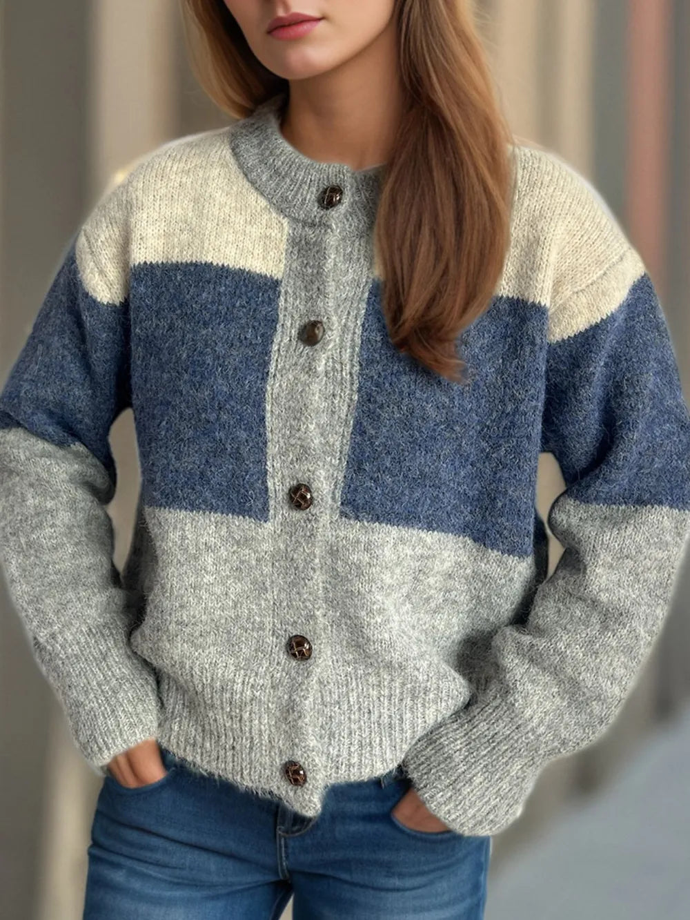 Color-block button-up cardigan in heather gray with blue panels, round neck, button front