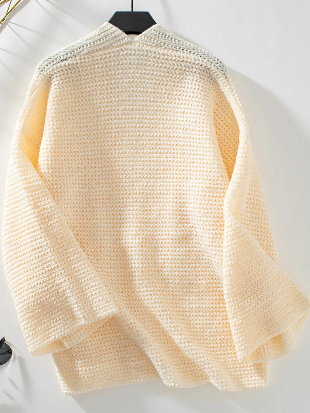 Open front long sleeve cardigan, cream chunky knit with ribbed cuffs and hem