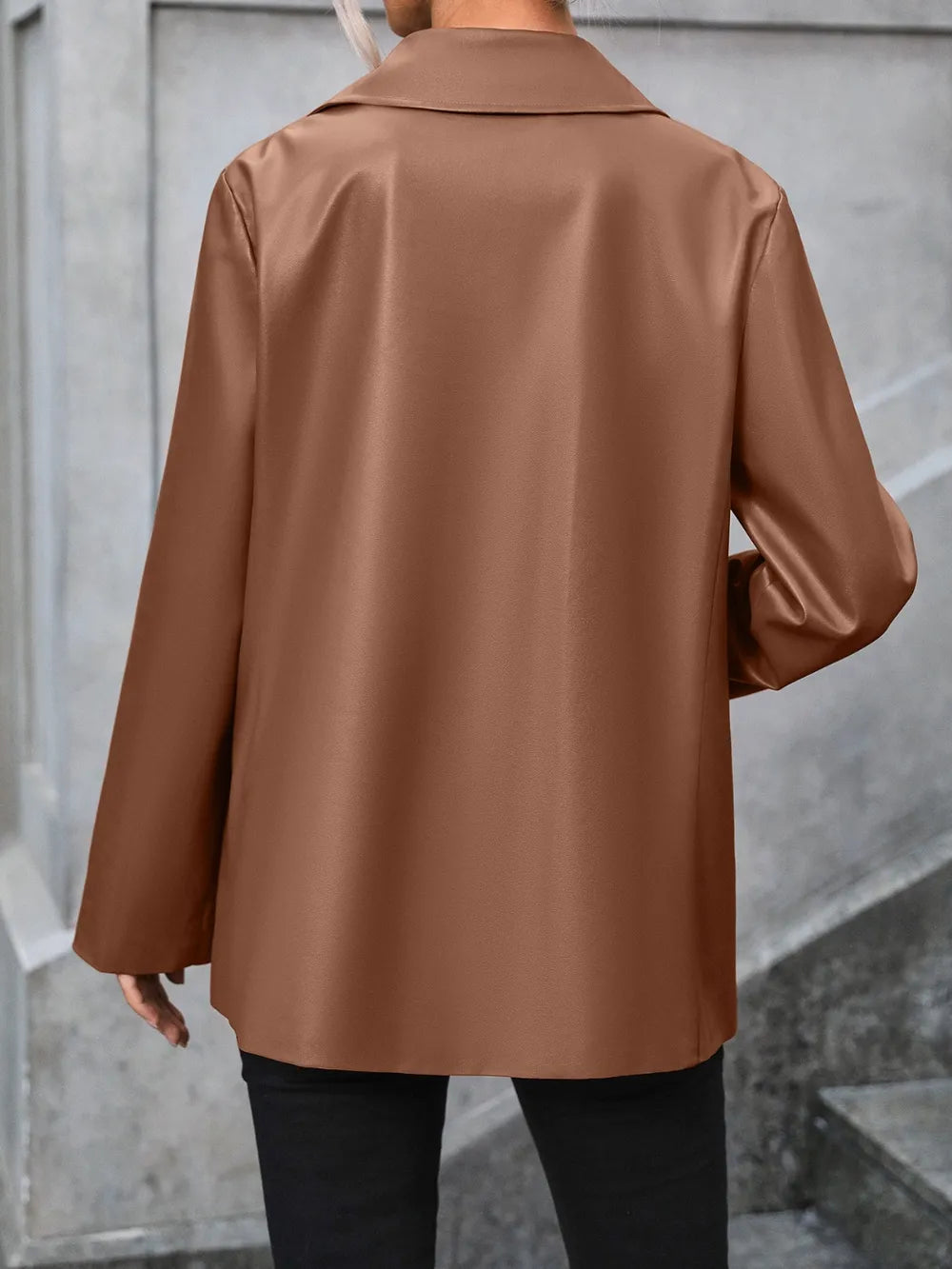 Brown button-up blazer back view with collared neckline and long sleeves
