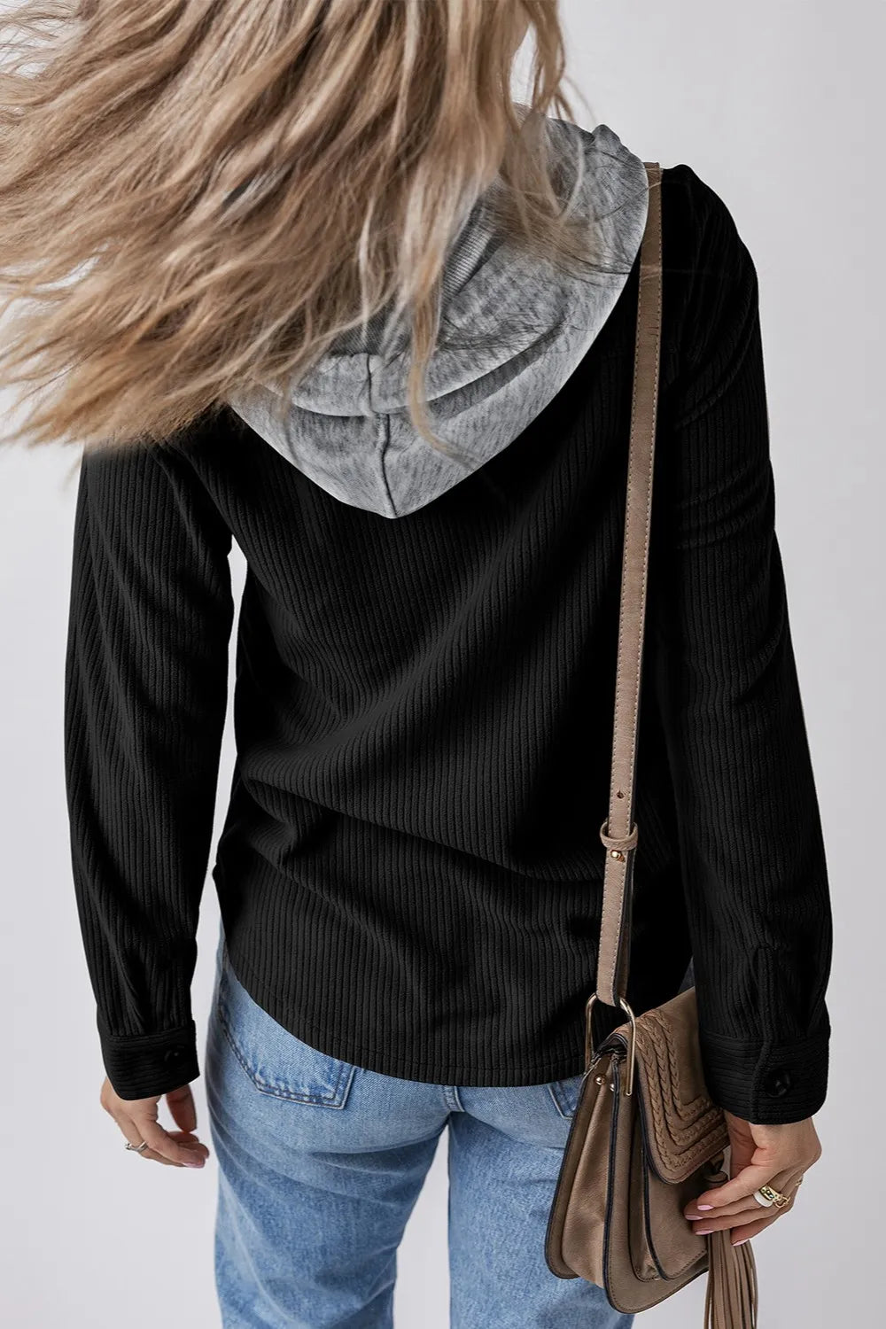 Black striped hooded button-up jacket with drawstring and long sleeves