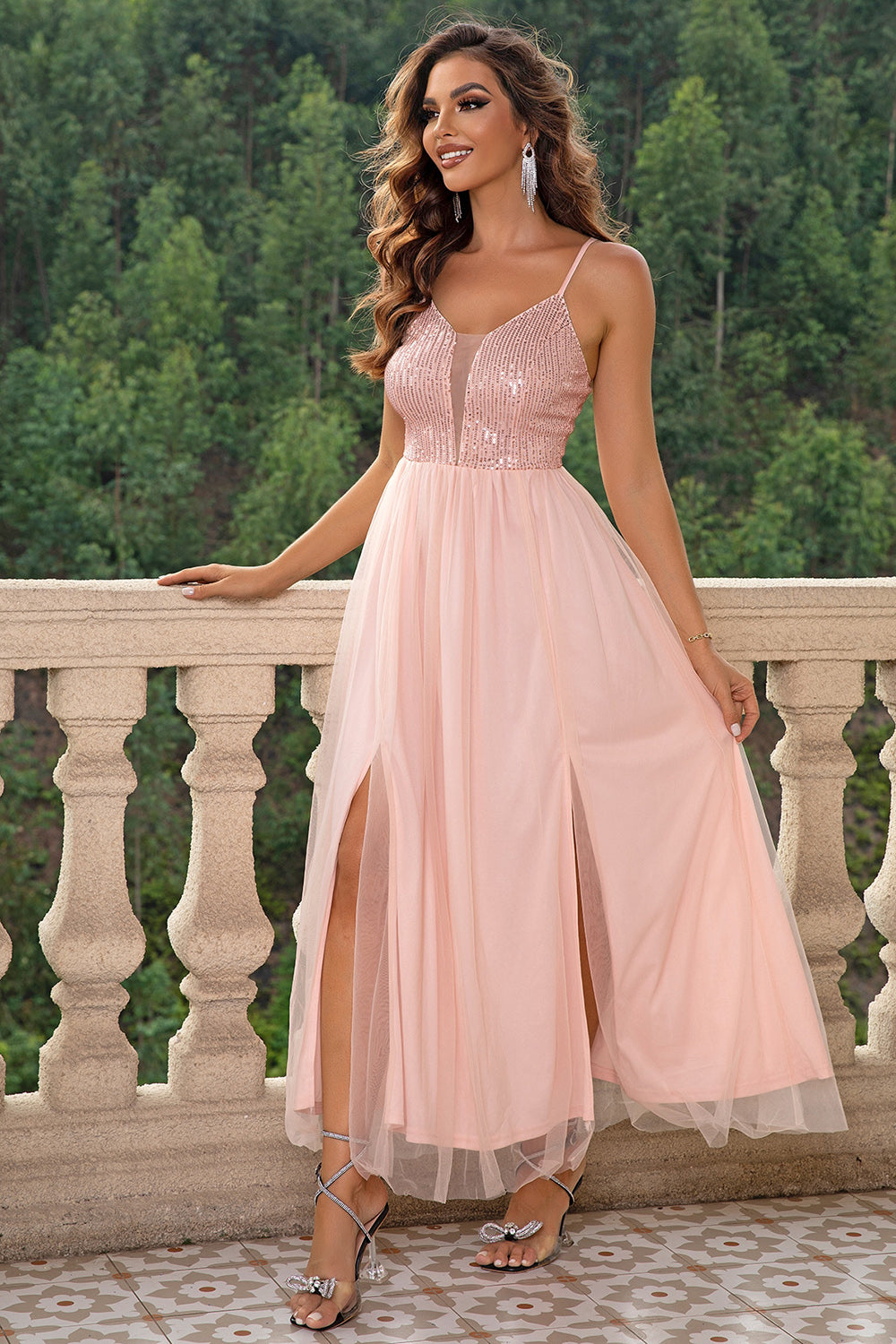 Blush pink mesh spaghetti strap slit dress with sequined bodice and tulle skirt