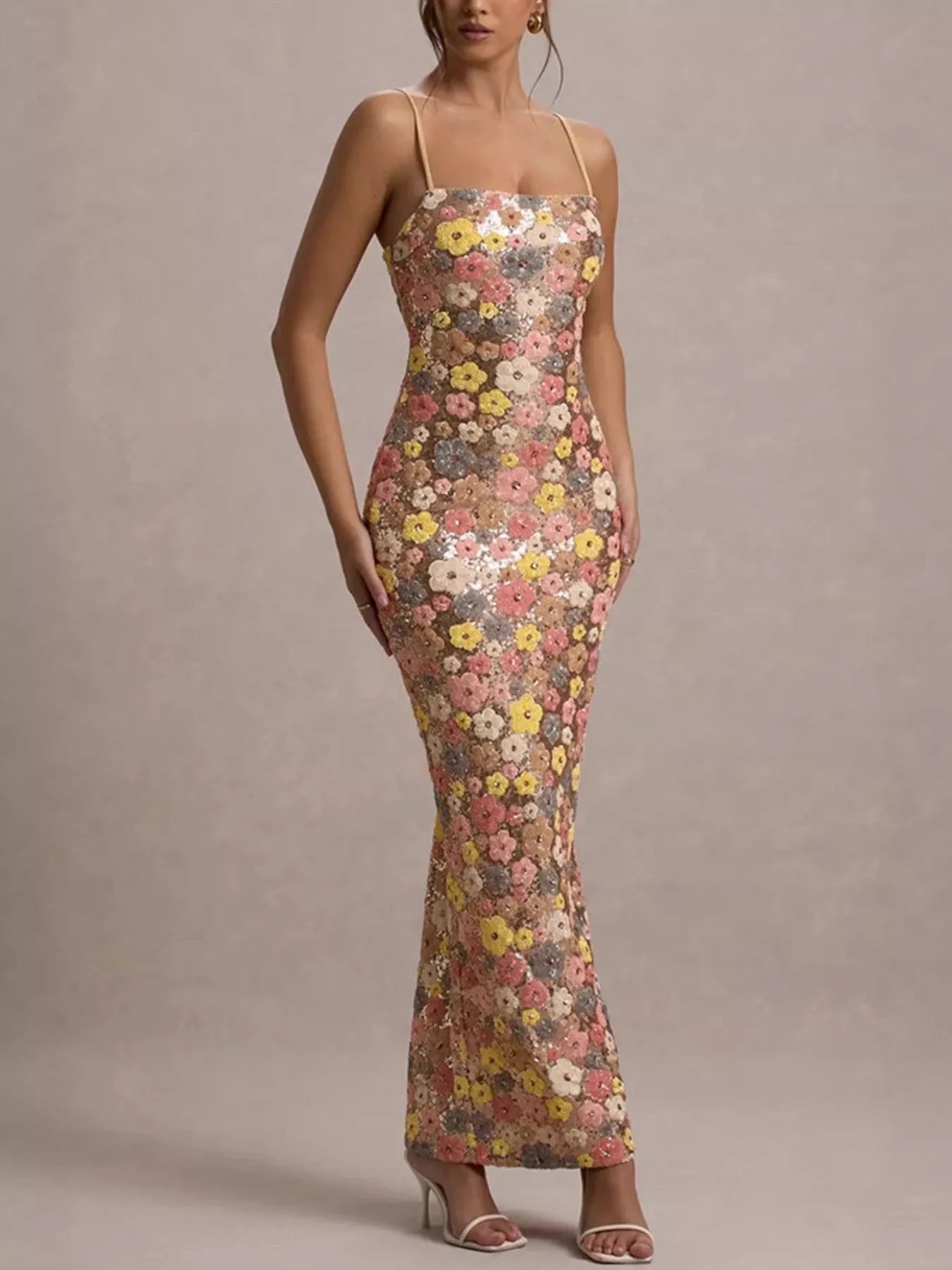 Cedar & Moore Floral sequin-embellished bodycon maxi dress with spaghetti straps and floral pattern