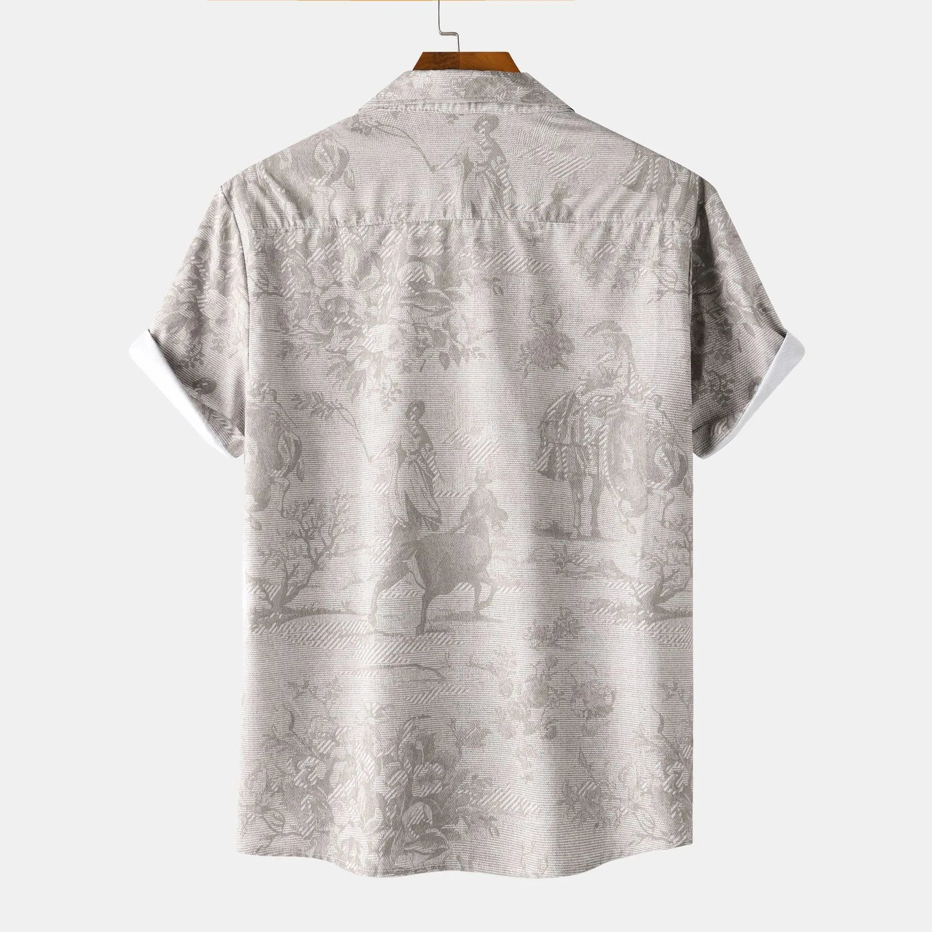 Silver-gray printed short-sleeve button-up shirt with spread collar, back view