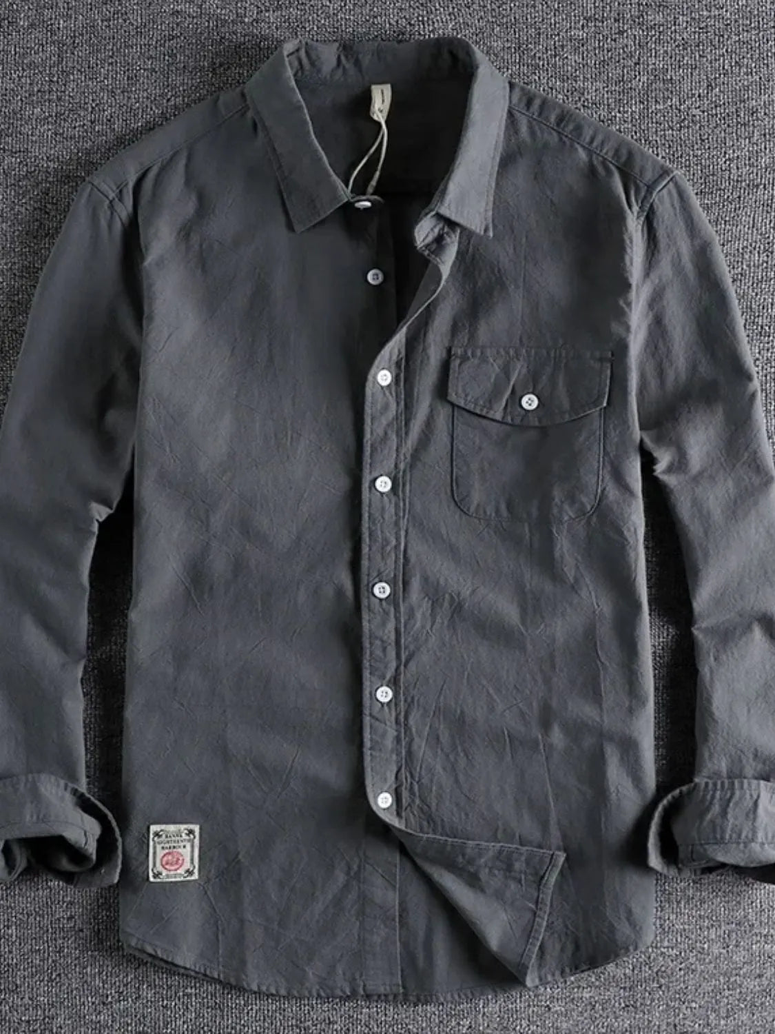 Men's button-down long sleeve shirt, dark gray with chest pocket and button front