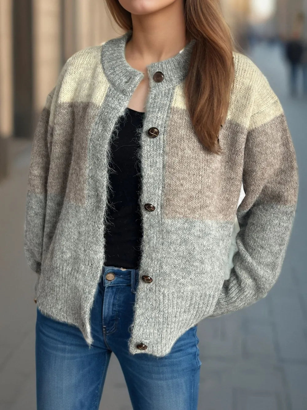 Color block round neck button-up cardigan, gray-blue and cream with dark buttons