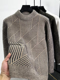 Men's ribbed knit long-sleeve sweater, camel knit with large geometric pattern