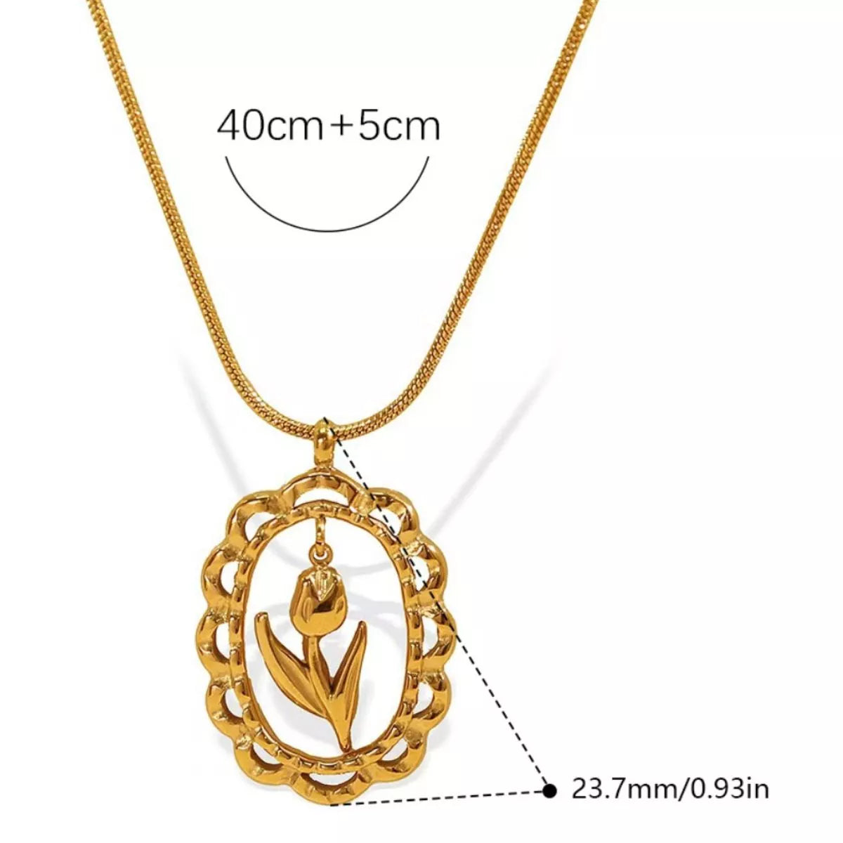 Gold-tone flower pendant necklace with oval center bud on linked chain
