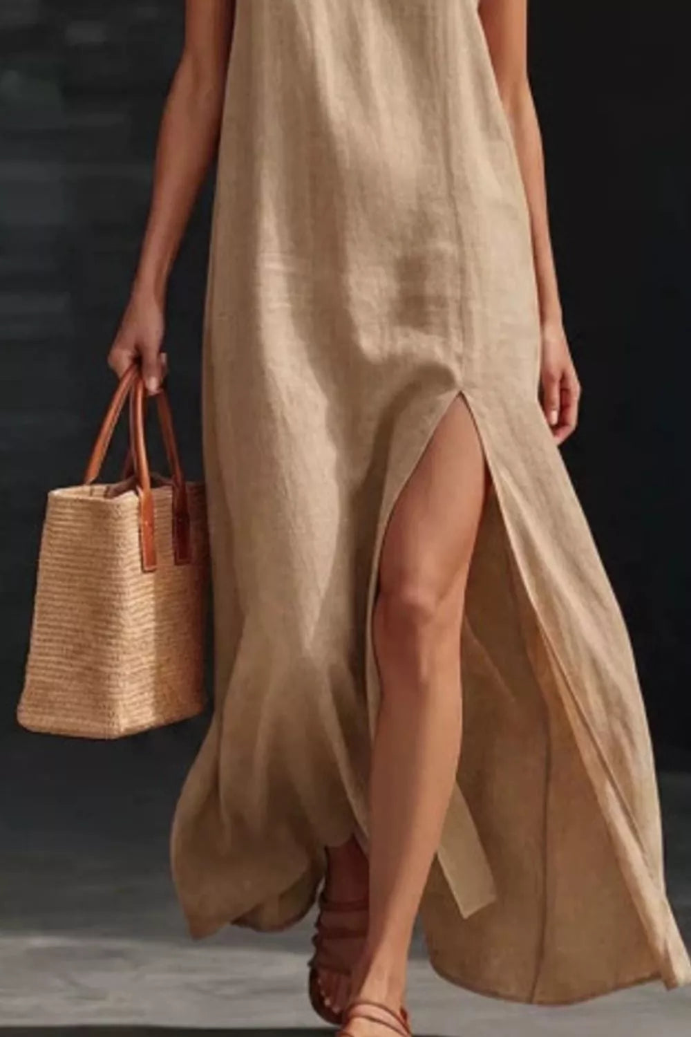 Cedar & Moore Slit V-Neck Maxi Dress, beige linen, Trendsi