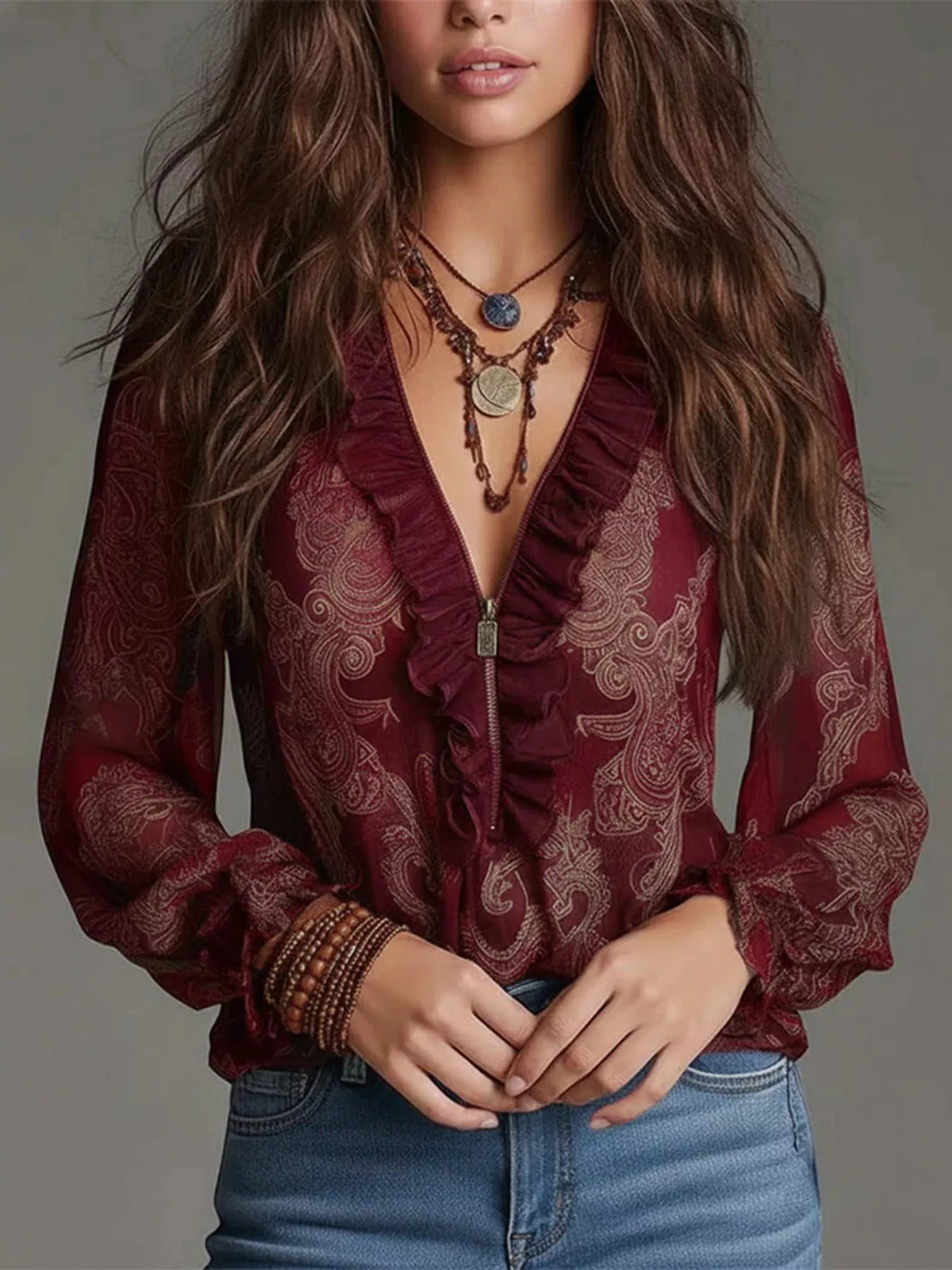 Crimson paisley ruffle zip-front blouse, deep V with ruffled placket and zipper