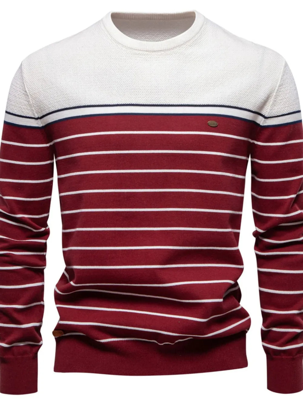 Men's white striped round-neck long-sleeve sweater with burgundy and red stripes