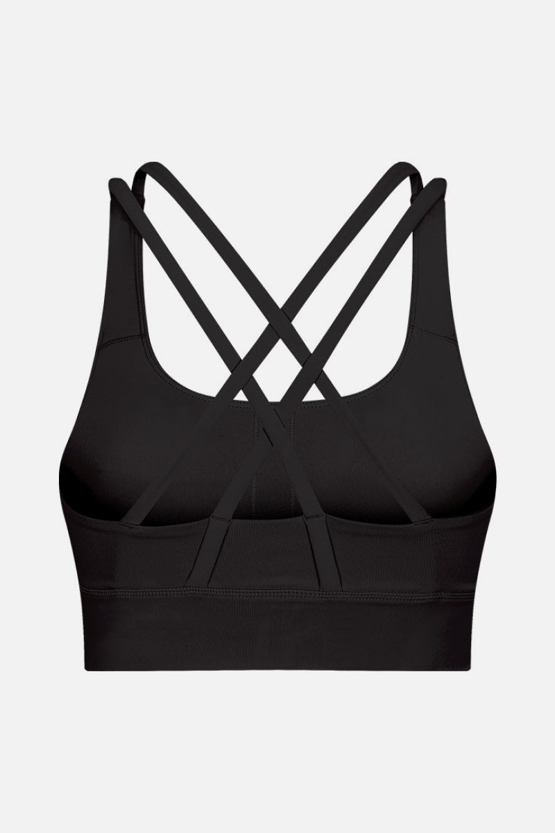 Black sports bra with crisscross strap back detail and molded cups