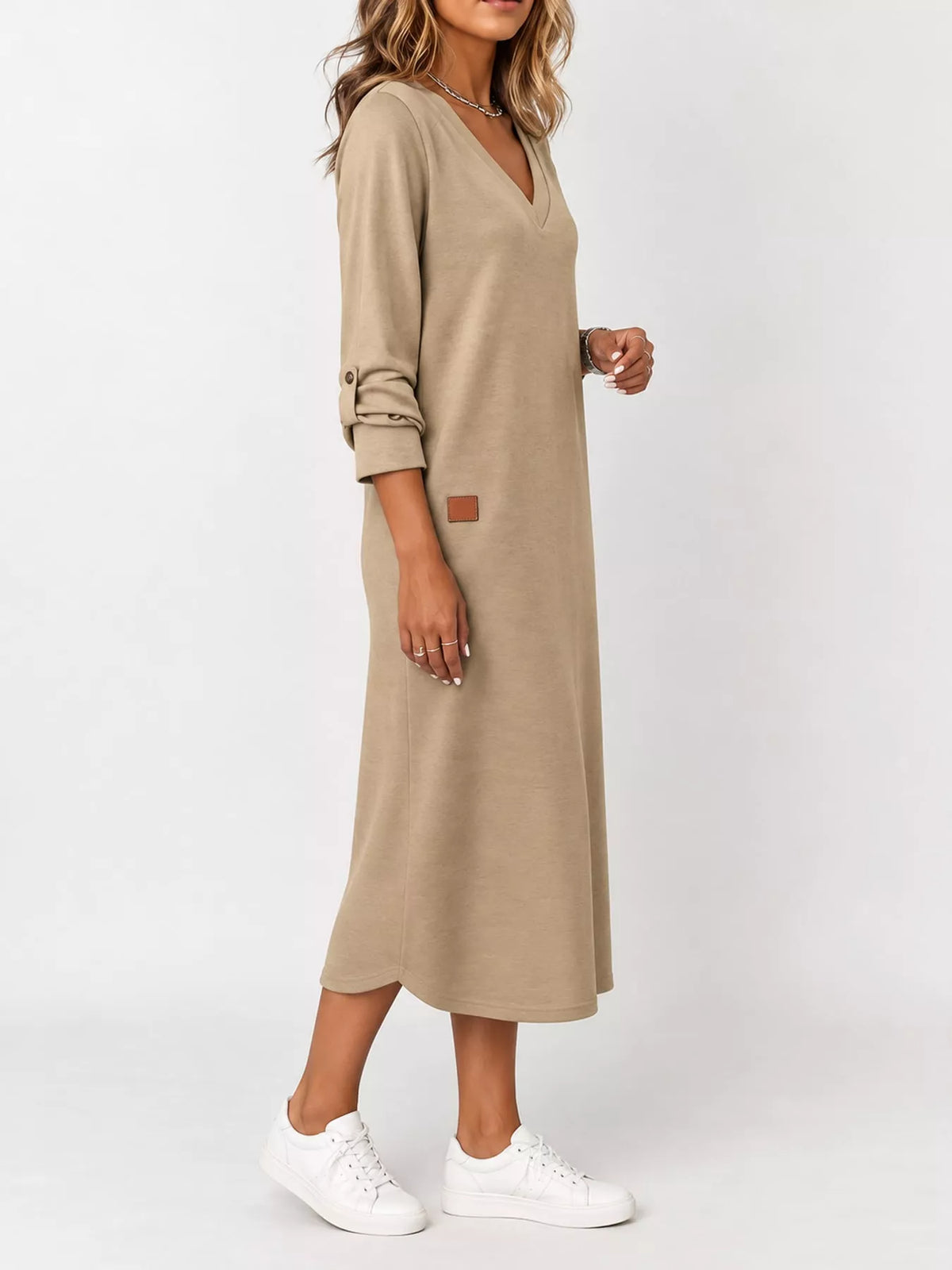 V-neck long-sleeve midi dress in light khaki-beige, side patch detail and cuffed sleeves