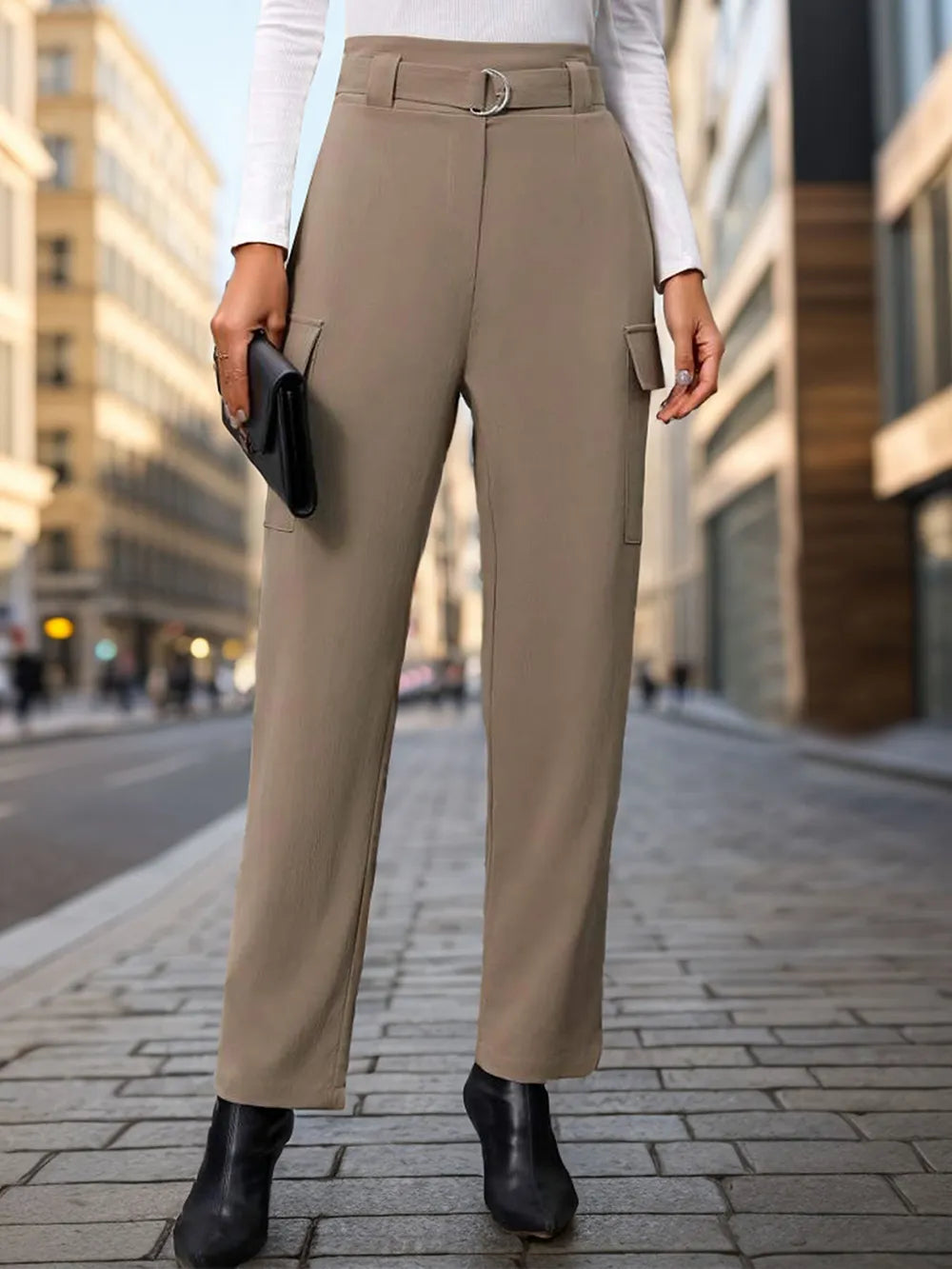 Mocha high-waist straight pants with belt loops and cargo flap pockets