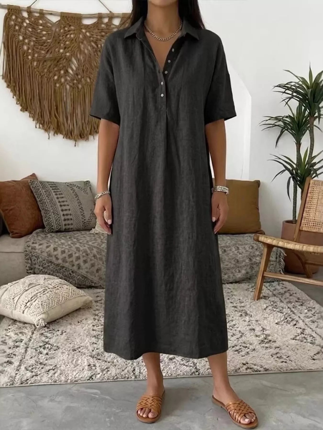 Black button-detail half-sleeve midi dress with V-neck front button placket