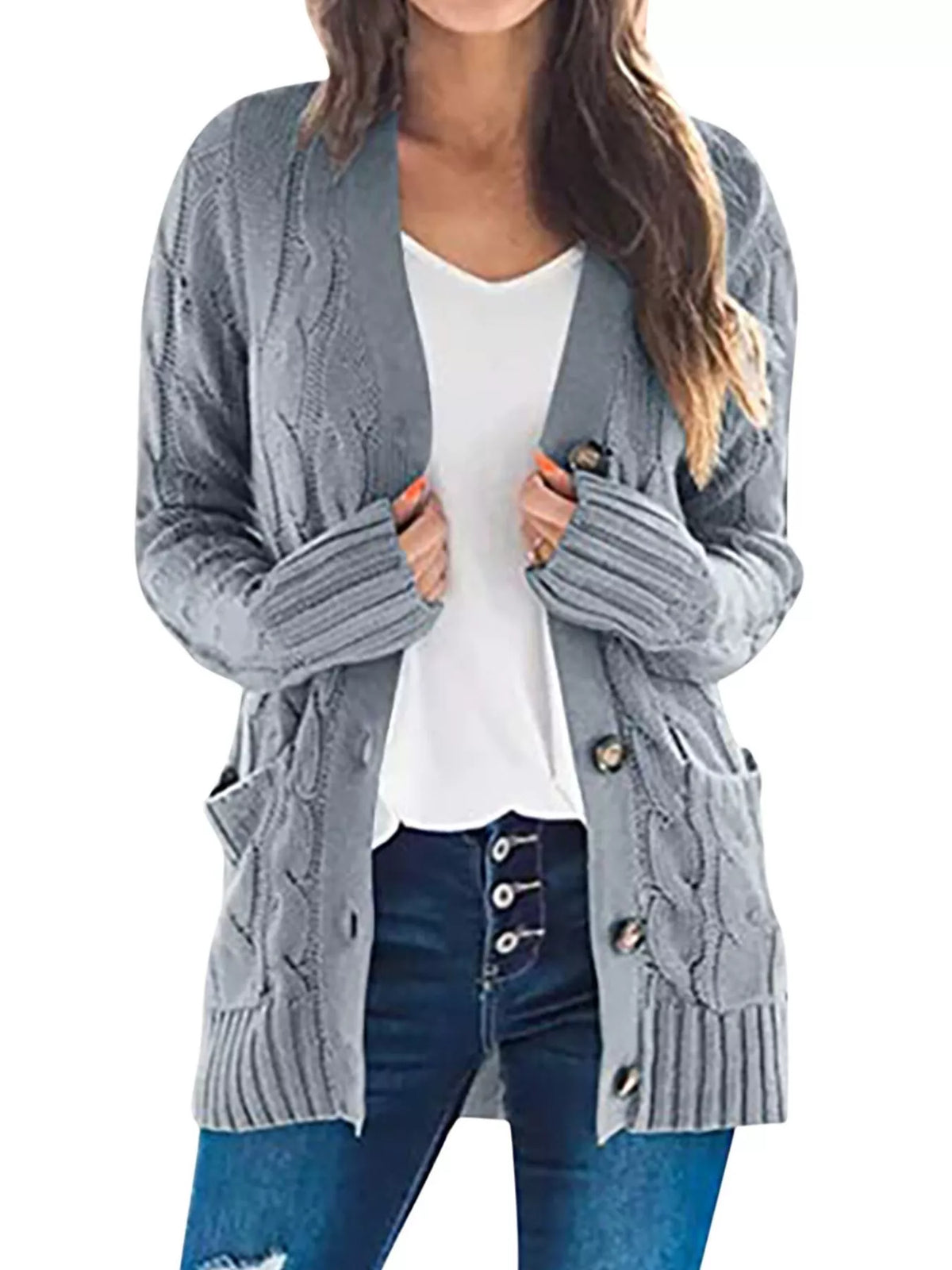 Silver gray chunky cable-knit cardigan with button front and ribbed cuffs