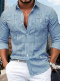 Men's blue and white striped button-up woven shirt with geometric panel print