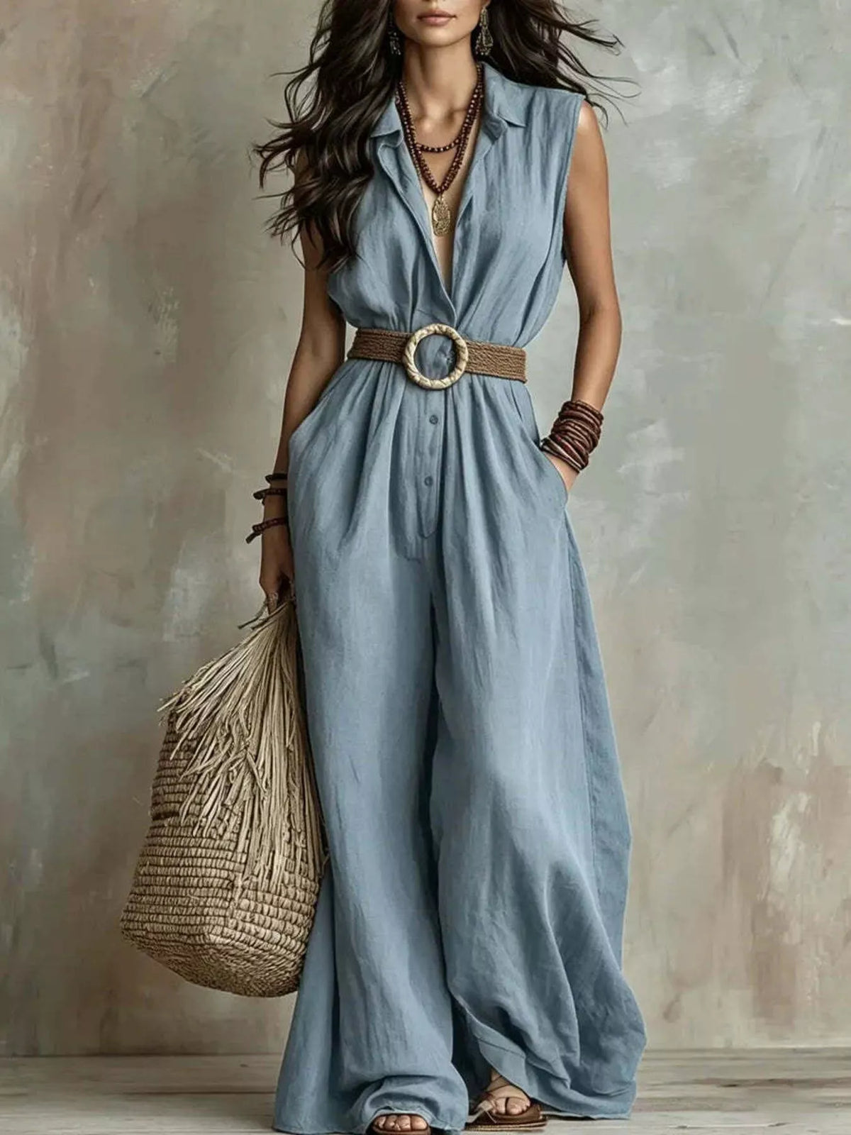 Blue sleeveless wide-leg jumpsuit with V-neck and round buckle cinched waist belt