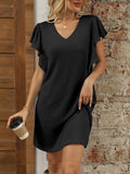 Ruffled V-Neck Cap Sleeve Mini Dress in black ribbed fabric