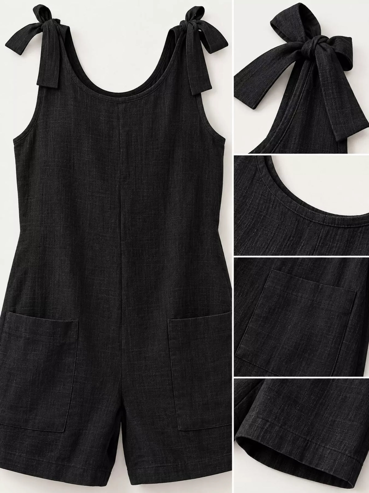 Black tie-shoulder bow romper, scoop neckline, front pockets and pocket seams.
