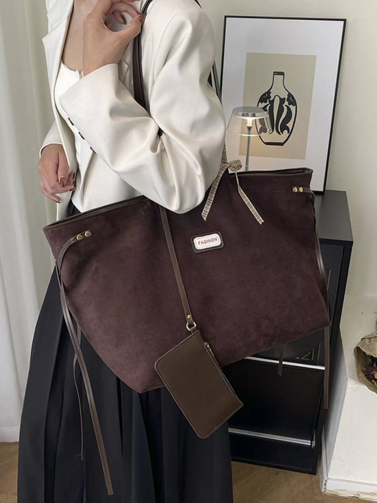 Chocolate suede large tote bag with front zip pouch and dangling crossbody pouch