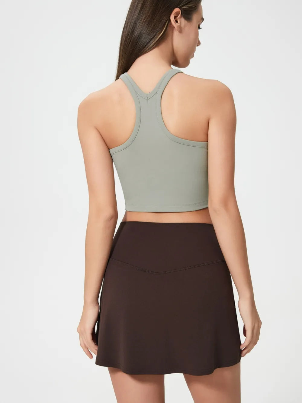 Sage green scoop-neck active tank with racerback, back view