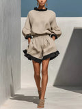 Beige contrast-trim dropped-shoulder blouse and ruffle shorts set, smocked waist