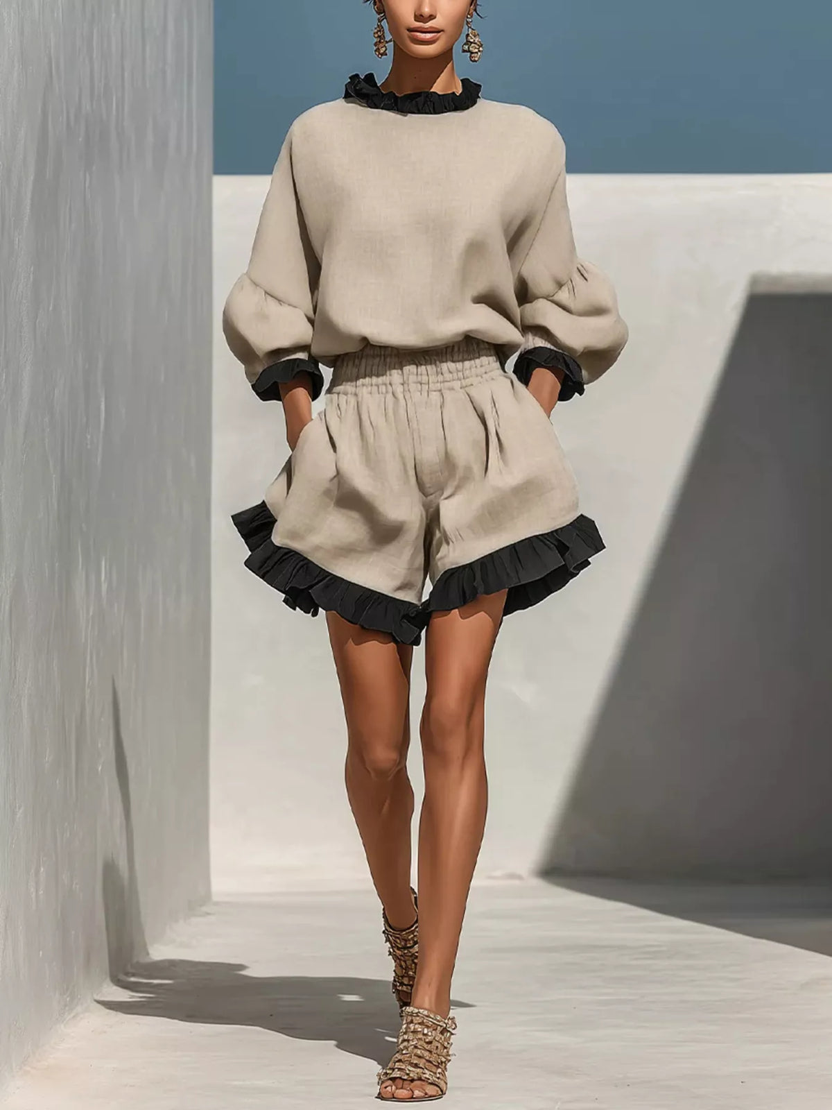 Beige contrast-trim dropped-shoulder blouse and ruffle shorts set, smocked waist