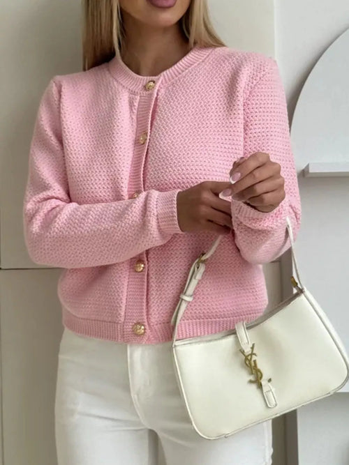 Blush pink textured knit cardigan, button-front placket and long sleeves