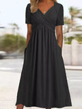 Black high-waist midi dress with crisscross wrap bodice and short sleeves