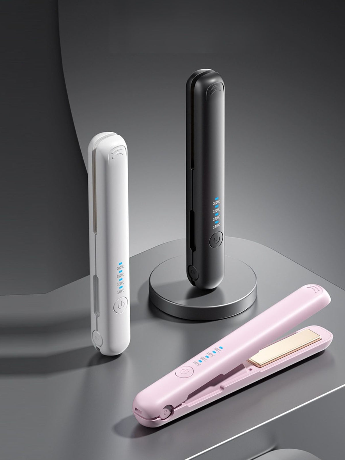 Cordless travel hair straightener stand with white straightener, black straightener, pink straightener